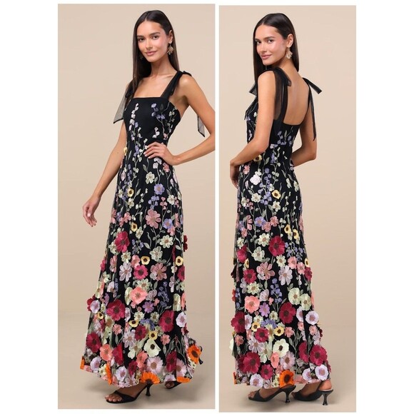 Lulus Thriving Poise Black 3D Floral Embroidered Tie-Strap Maxi Dress Size XL - Picture 1 of 8